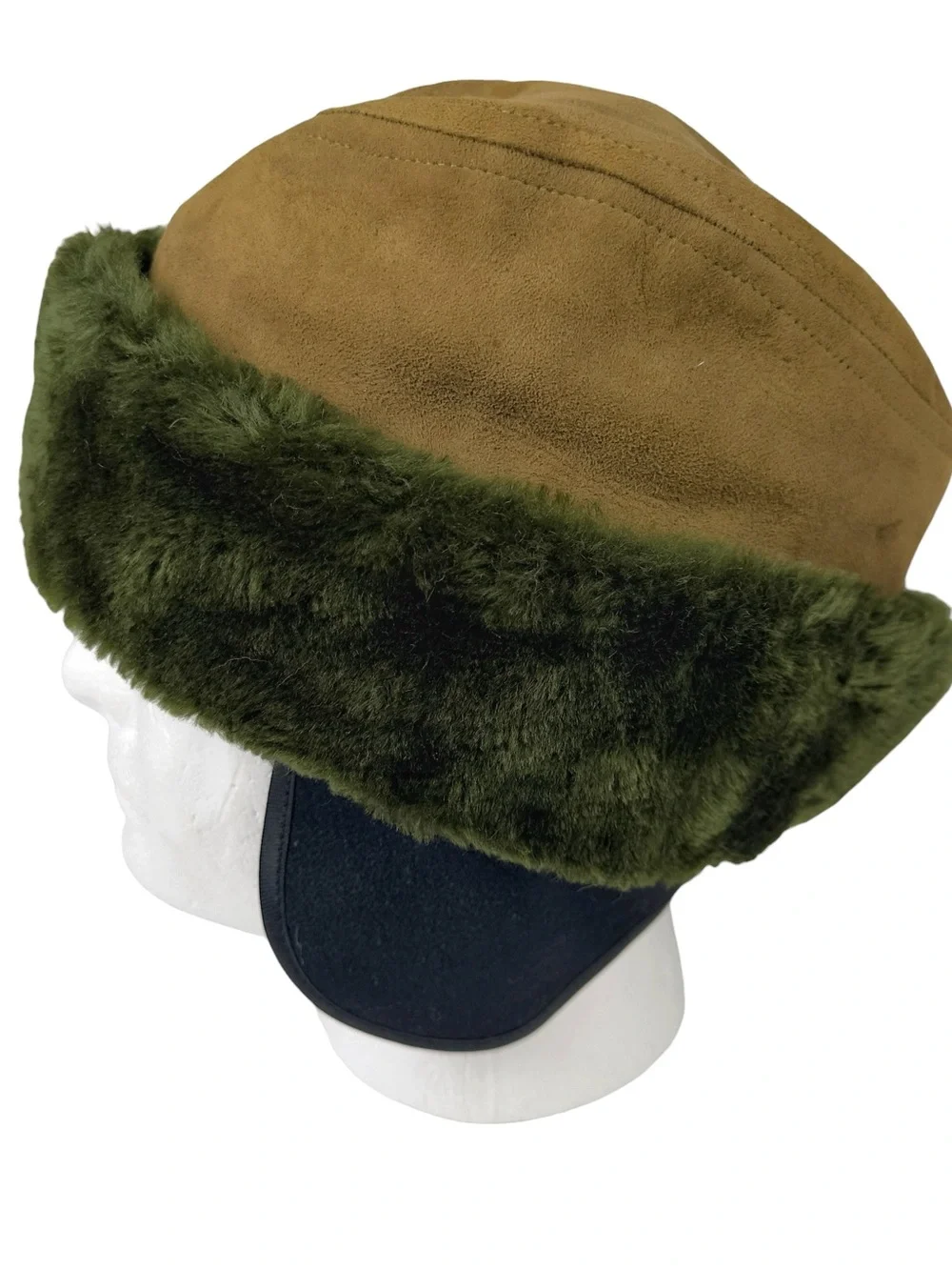 Vintage U.S. Military Cold Weather Cap Hat Faux Fur Trim Olive Brown Size Large